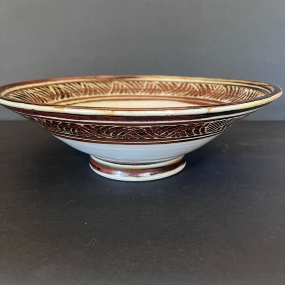 Louis Mideke Signed Handcrafted Sgraffito Ceramic Bowl 10.25" Modern Organic - Picture 2 of 7
